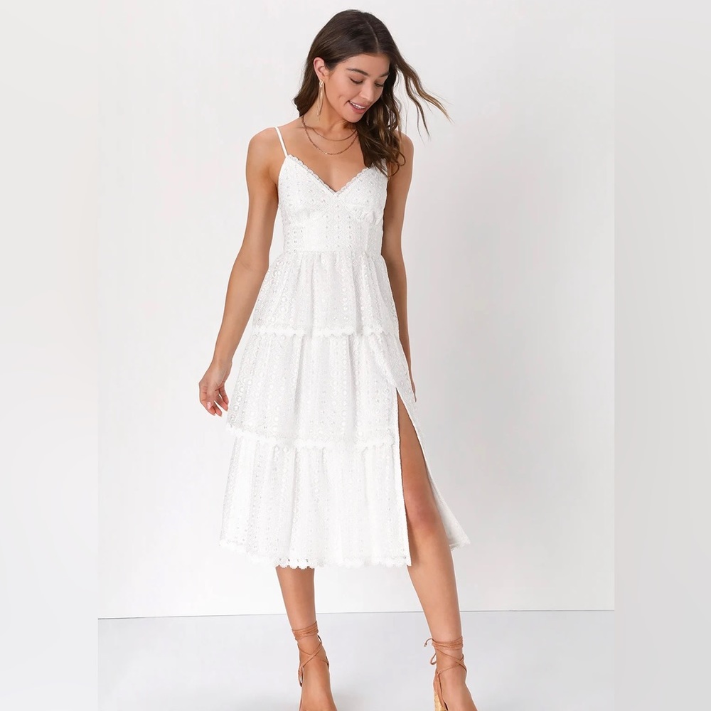 Poetic Poise White Lace Tiered Midi Dress Lulus